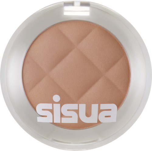 Een ronde cosmetica verpakking met beige poeder en een witte label met tekst "sisa".
