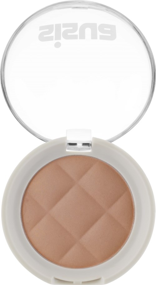 Een compact make-upproduct met beige poeder en een doorzichtig deksel met merklogo.