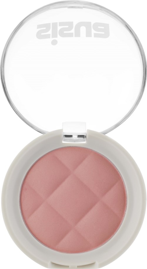 A pink pressed powder blush in a round white compact with a clear lid. The lid has white text on it.