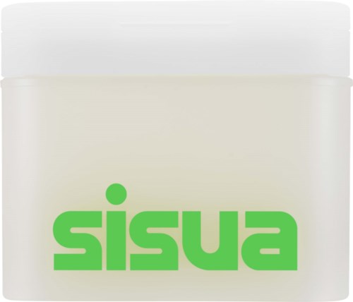 Een witte container met een groene logo die "sisu" zegt.