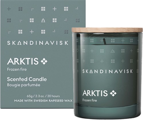 Graue Box und Kerze mit skandinavischem Design, Text über Duftkerze, 65g.