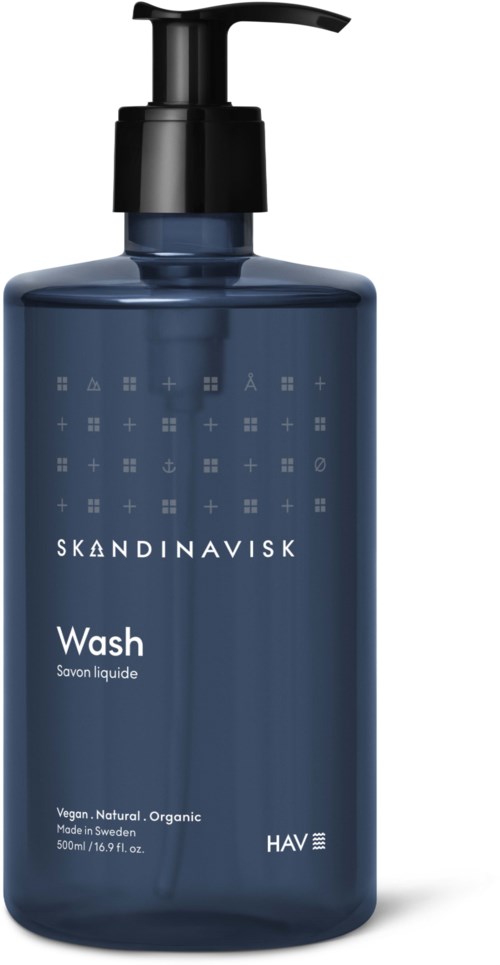 Tummipumpullinen tummepullo sisältää Skandinavisk Wash - nestemäisen saippuan. Etiketti kertoo, että se on vegaaninen ja luomutuote.