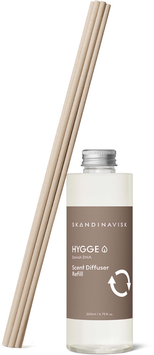 En flaske duftdiffusor påfylling med to beige pinner ved siden av.