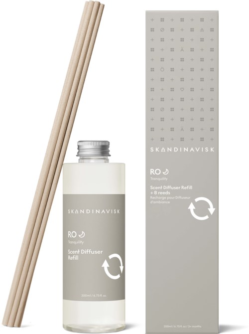 A scent diffuser refill with wooden sticks and its grey packaging box. The box has the brand name Skandinavisk.
