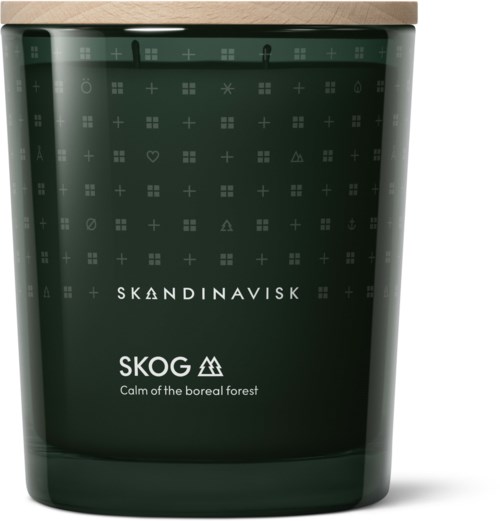 A green container with Scandinavian symbols, company logos, and the words "SKANDINAVISK" and "SKOG: Calm of the boreal forest."