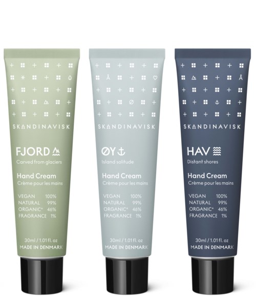 Tre tuber med håndkrem i ulike duftvarianter: Fjord, Island Solitude og Distant Shores. Hver 30 ml.