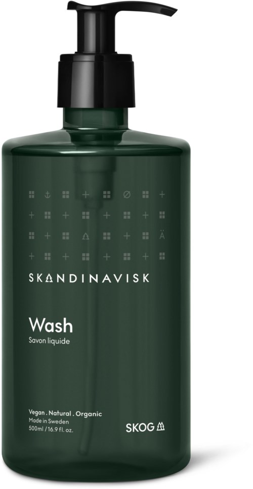 Mörkgrön flaska med svart pump, märkt 'Skandinavisk Wash' för flytande tvål, vegansk och ekologisk.