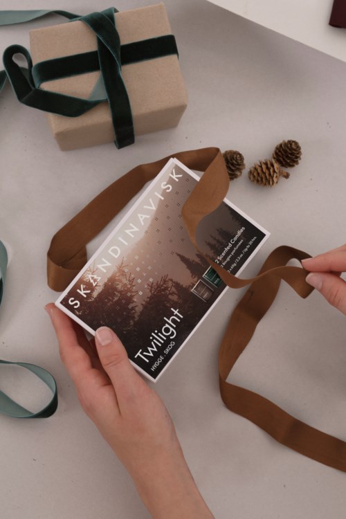 Person unties a brown ribbon from a brochure titled "Twilight", with pinecones and a gift box nearby.