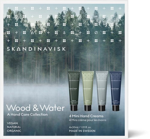 En förpackning med fyra tuber handkräm mot en skogsbakgrund och text om naturliga ingredienser och handvård.