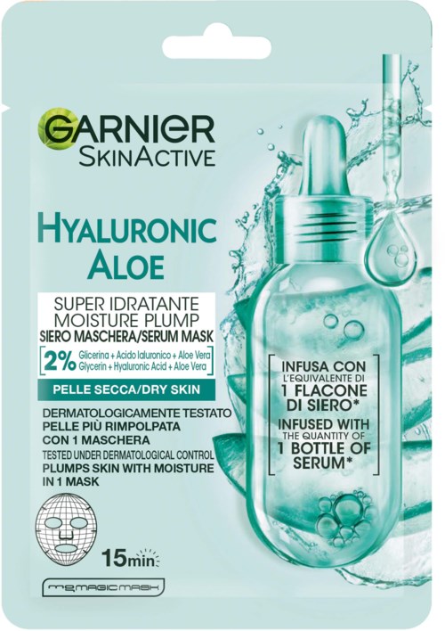 Garnier SkinActive Hyaluronic Aloe serum mask packaging with images of a dropper bottle and water splashes.