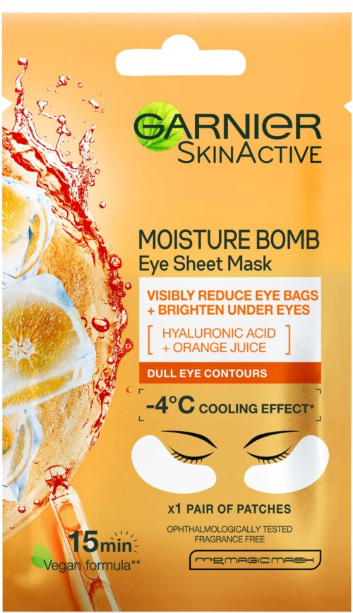 Garnier SkinActive moisture bomb eye sheet mask packaging with lemon slices, orange juice, and icy cool design elements.