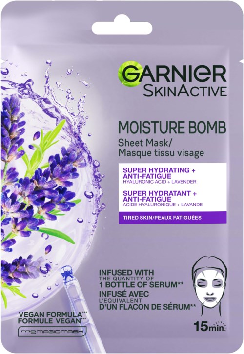 A Garnier SkinActive moisture bomb sheet mask package with lavender and water splash design, indicating hydration and soothing effects.