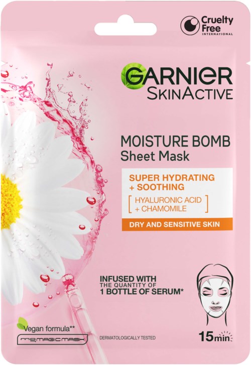 Pink packaging for Garnier SkinActive Moisture Bomb sheet mask, with chamomile, hyaluronic acid, and vegan formula text.