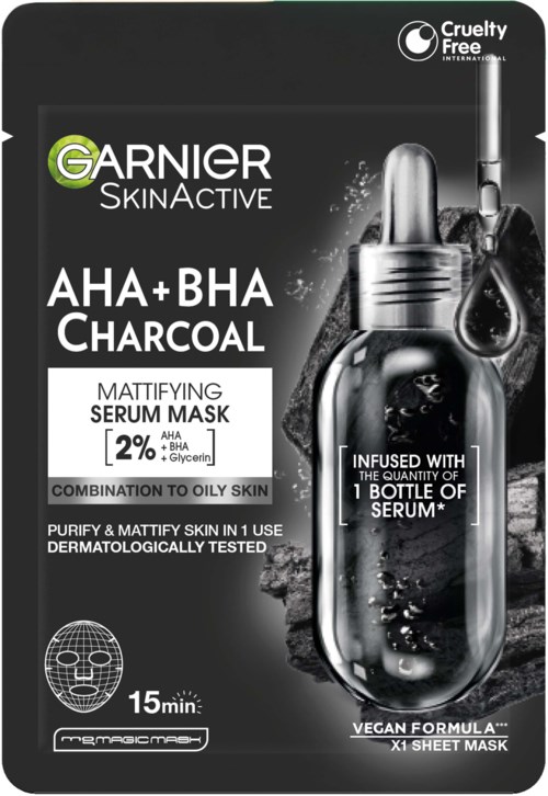 Garnier SkinActive charcoal mask in black packaging with silver cap, highlighting ingredients and vegan formula.