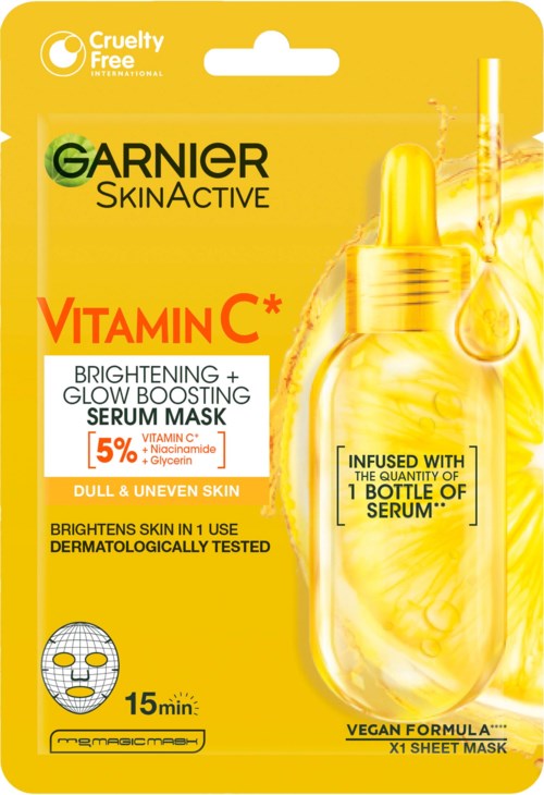 Garnier SkinActive Vitamin C serum mask packaging with a dropper and illustration of a serum bottle in yellow.