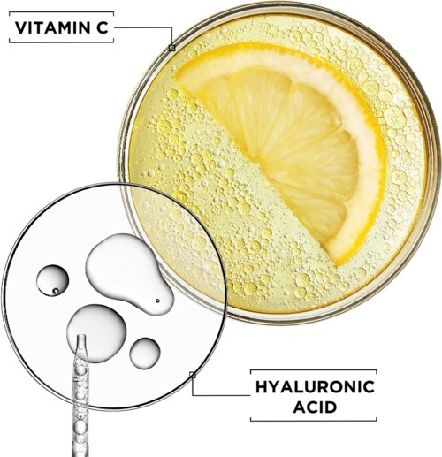 An illustration showing lemon slices in a drink with bubbles, highlighting Vitamin C and hyaluronic acid ingredients.