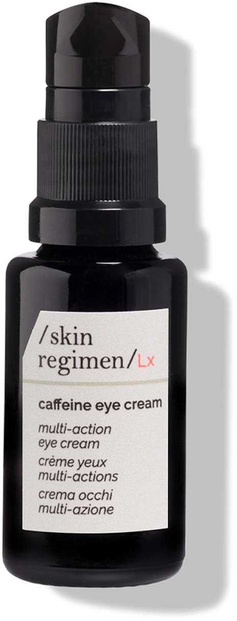 A small black bottle with a pump, labeled 'skin regimen Lx caffeine eye cream,' meant for eye skincare.