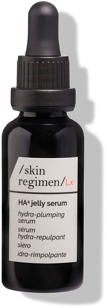 A black dropper bottle labeled 'HA4 jelly serum' for skin, with a white label showing product details.