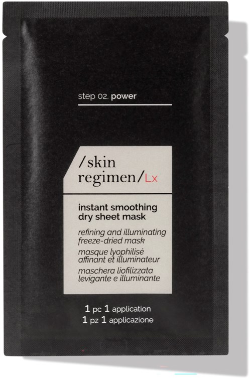 A black packet shows a skincare product named 'instant smoothing dry sheet mask' for face, with instructions to use once.