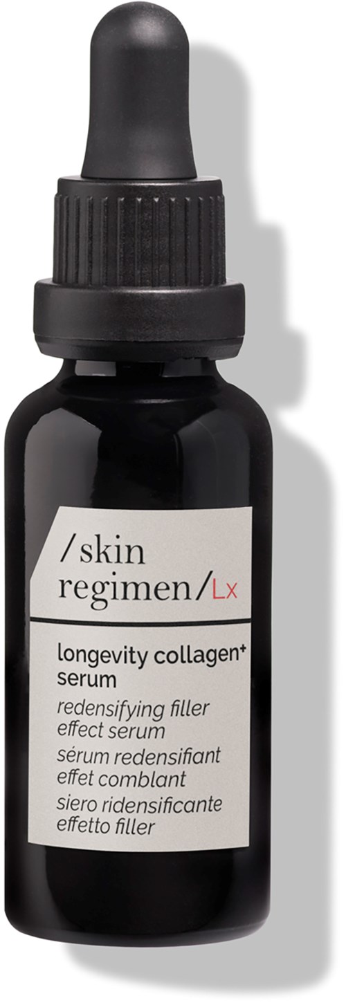 A black glass bottle with a dropper cap labeled 'skin regimen/Lx' and info about collagen serum for skin.