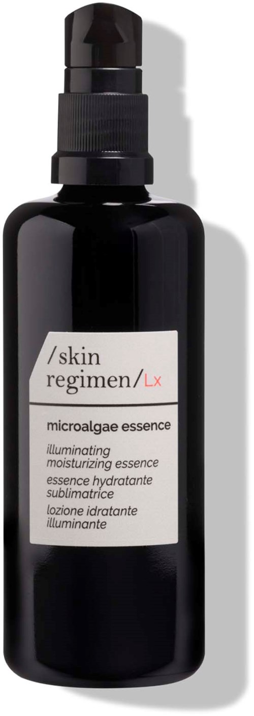 A black spray bottle with a white label, containing skin care product to hydrate and brighten skin.