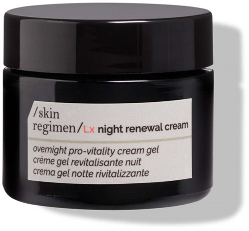 A black jar with a white label, containing skin renewal night cream with Gel for revitalization.