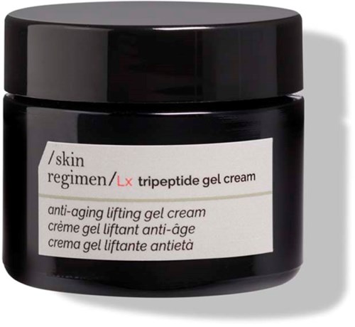 A black jar labeled 'Skin Regimen LX Tripptide Gel Cream' for anti-aging skin care. Small white label with product details.