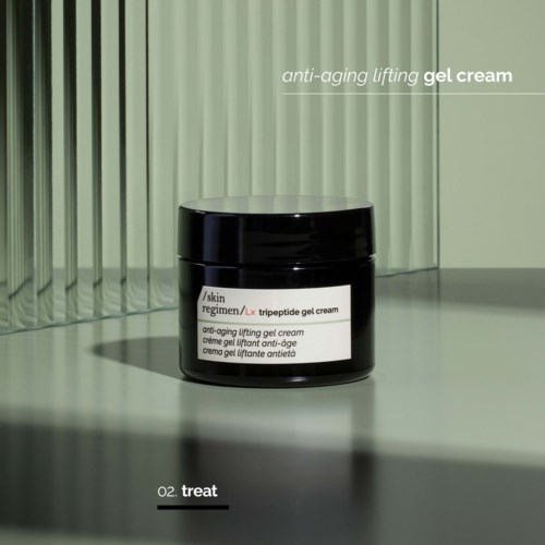 A jar of anti-aging lifting gel cream on a reflective surface, with a stylish striped background.