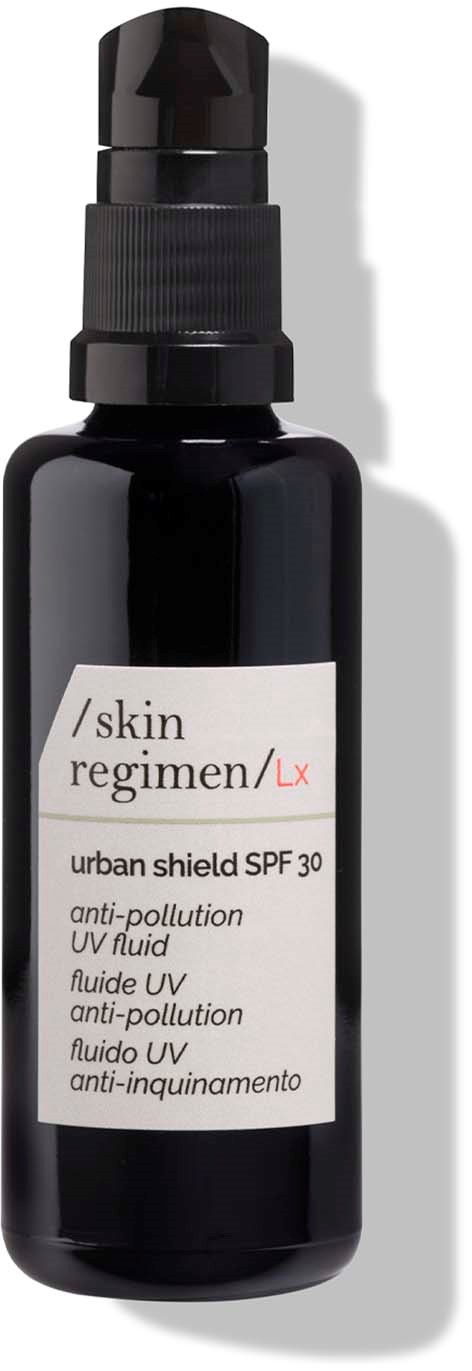 Black spray bottle labeled 'urban shield SPF 30' for skin protection against pollution and UV rays.