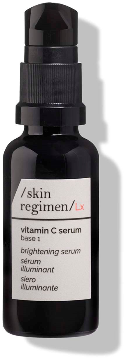 A dark bottle with a pump, labeled Skin Regimen Vitamin C serum that promises skin brightening effects.