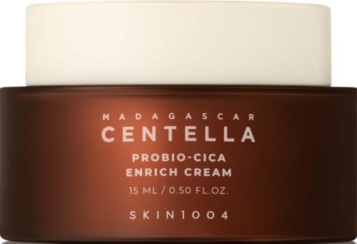 Braune Dose mit weißem Deckel, beschriftet Madagascar Centella Probio-Cica Enrich Cream, 15 ml.