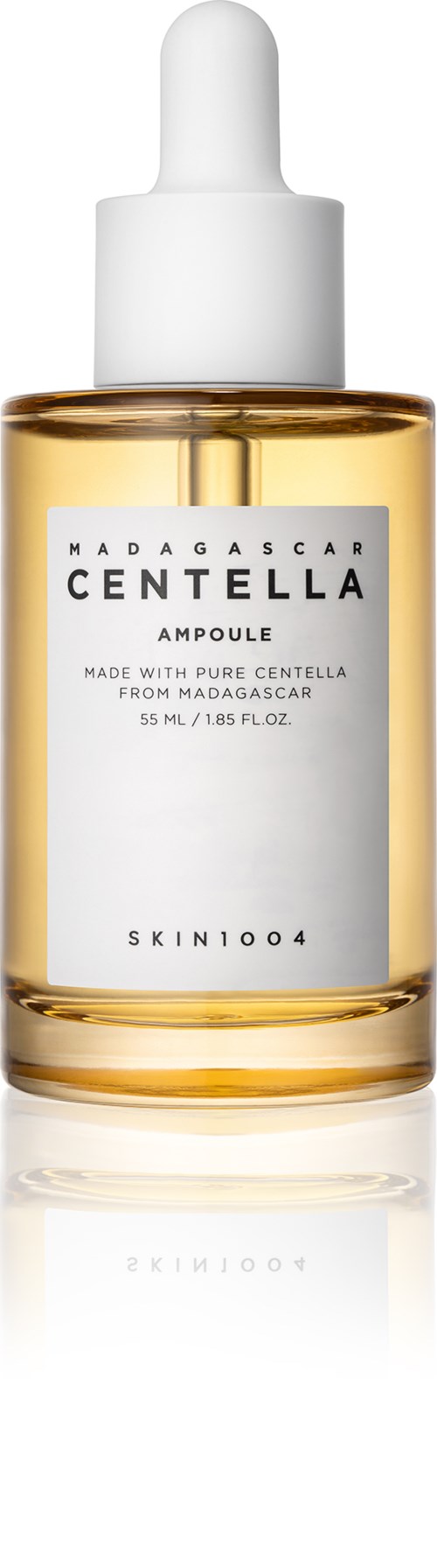 A skincare bottle labeled Centella Ampoule, contains yellow liquid, with a white dropper cap.