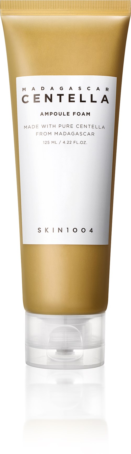 Goldene und weiße Tube mit Bezeichnung Madagascar Centella Ampoule Foam für Haut. Kleine Größe, 120 ml.