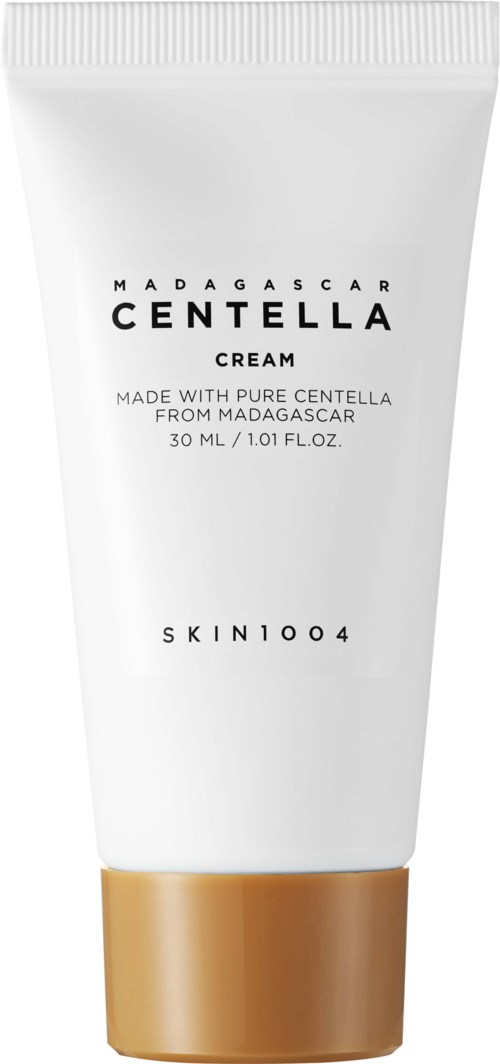En vit tube med guldlock, märkt Madagascar Centella Cream, innehåller 30 ml hudvårdsprodukt.