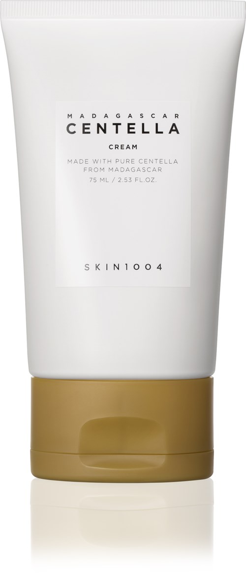Eine weiße Tube mit Hautpflegecreme und goldenem Verschluss, gekennzeichnet Madagascar Centella Cream von SKIN1004.