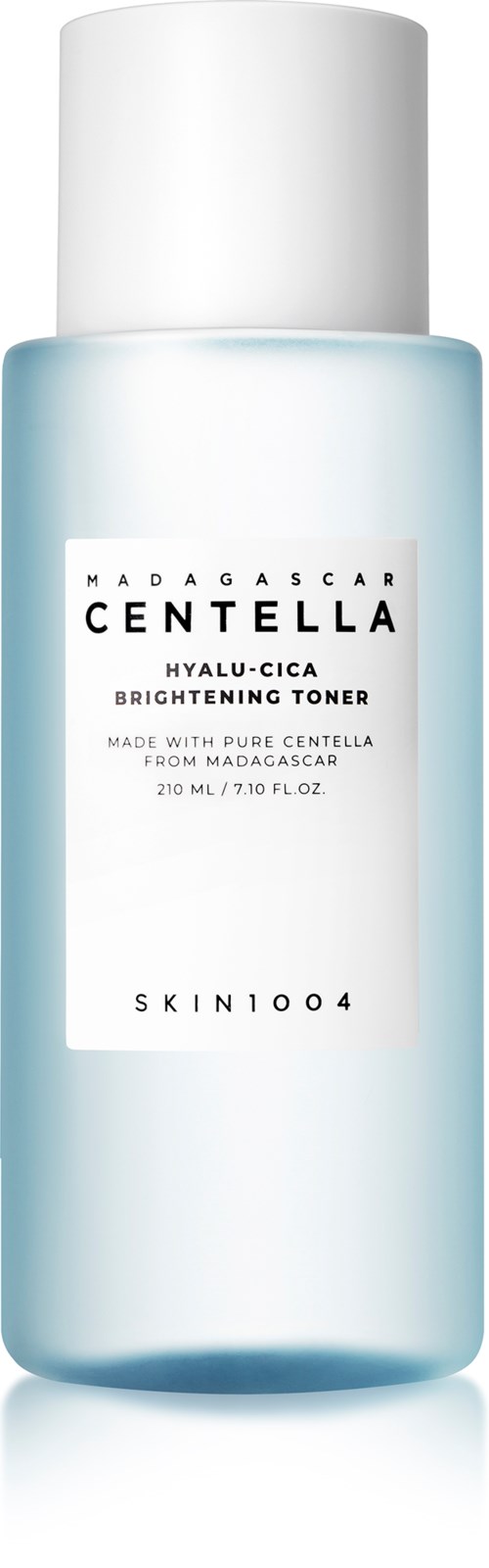 Eine hellblaue Flasche mit weißem Deckel, beschriftet Centella Hydalu-Cica Brightening Toner. Das Etikett enthält Produktdetails.