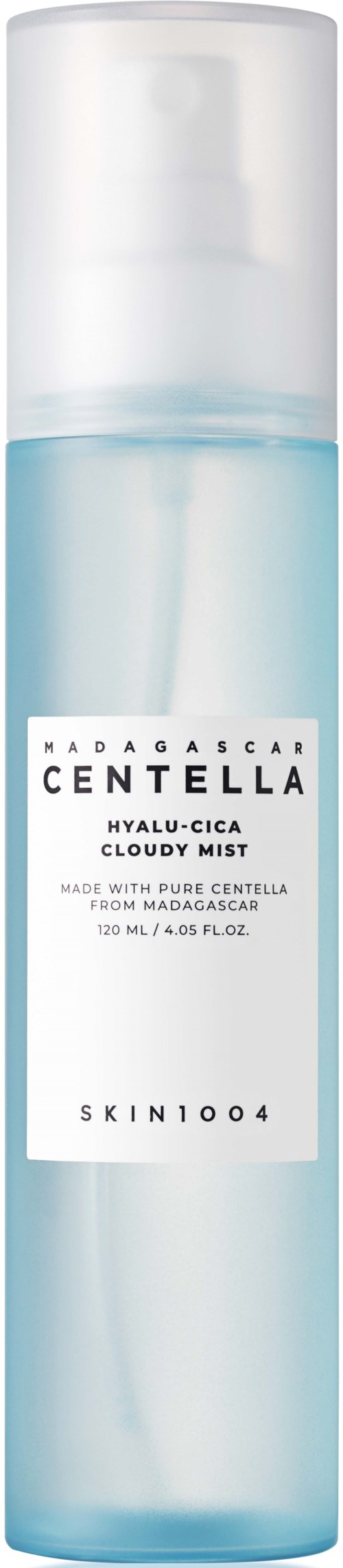 Eine lange, hellblaue Sprühflasche mit der Aufschrift Madagascar Centella Hydra-Cica Cloudy Mist.