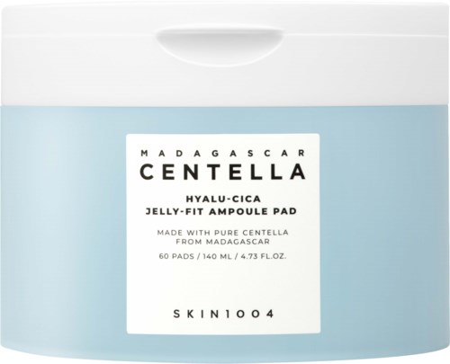 Blue container of Madagascan Centella Jelly-Fit Ampoule Pad with white lid and label.