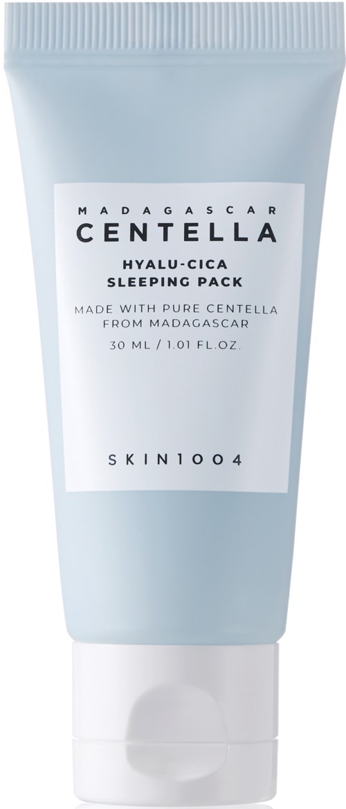 Hellblaue Tube mit weißem Etikett, Text über Madagascar Centella Schlafmaske, 30 ml, feuchtigkeitsspendendes Hautpflegeprodukt.