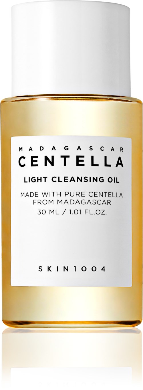 Eine Flasche Madagascar Centella Reinigungsöl mit weißem Deckel und goldfarbenem Körper.