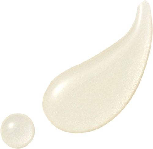 Ein cremiges, weißes Kosmetikprodukt liegt in zwei Formen vor: eine kleine runde Punkt und eine größere tränenförmige Masse.