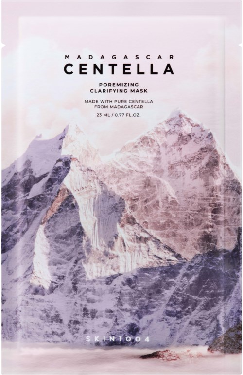eine Gesichtsmaske mit Bergbildern und Text zu Madagascar Centella, Produktbeschreibung und Eigenschaften.