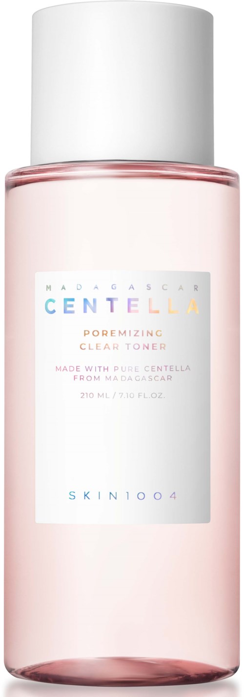 Eine rosa Flasche mit weißem Deckel, Beschriftung 'SKIN1004' und 'Centella' für Hautpflegeprodukt.