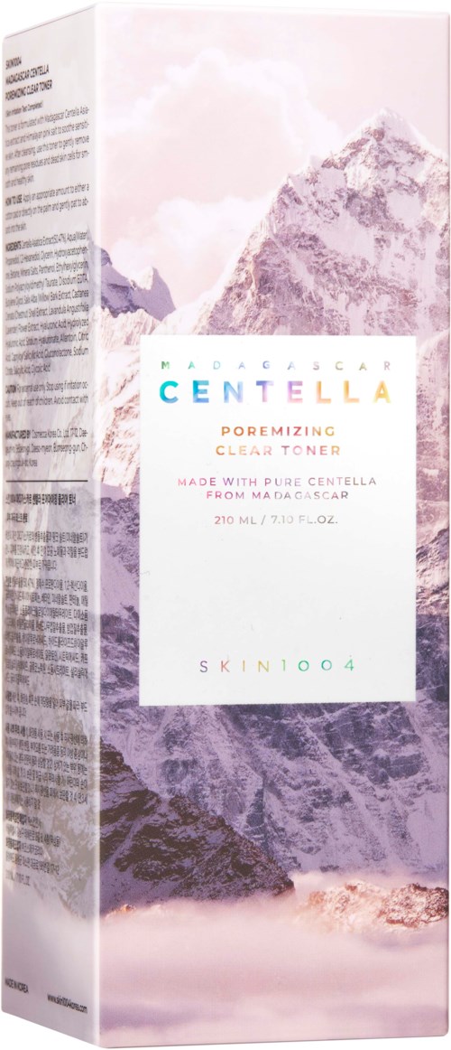Verpackung eines Hautpflegeprodukts mit Berglandschaft, bezeichnet als Centella Pore Minzing Toner, hergestellt mit reiner Centella aus Duba, Kanada.