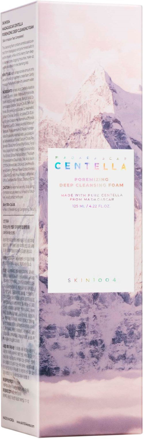 Lange Verpackung mit Berglandschaft, rosa und lila Farben, Text für ein Gesichtsschaum.