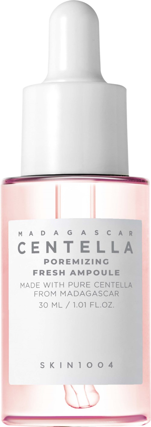 Eine kleine rosa Flasche mit Tropfenzähler, Beschriftung Madagascar Centella Poreminzing Fresh Ampoule.
