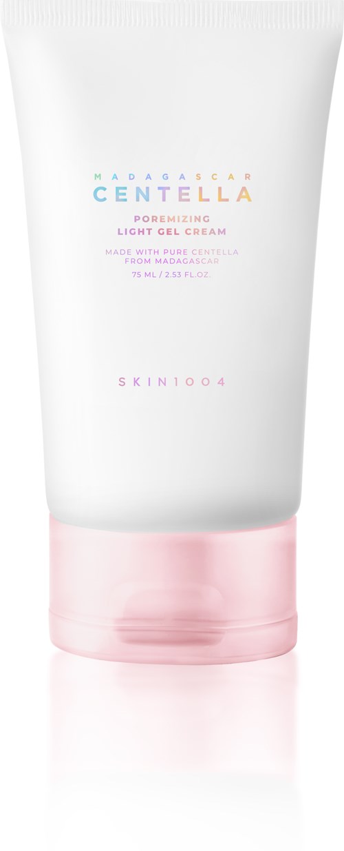 Witte tube met roze dop, gelabeld 'Madagascar Centella Light Gel Cream' en 'Skin1004'.