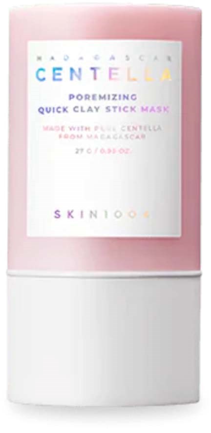 Eine rosa und weiße Tube mit Text, zeigt ein Gesichtsmaskeprodukt namens Centella Poreminzing Quick Clay Stick Mask.