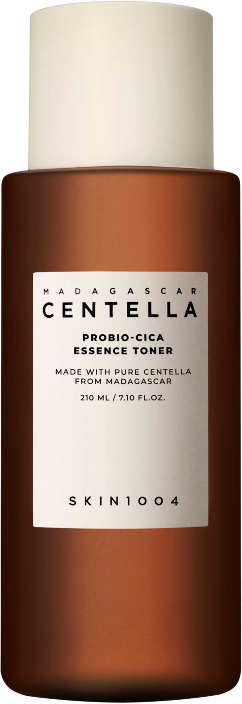 Eine braune Flasche mit weißem Deckel, Etikett sagt Centella-Toner aus Madagascar.