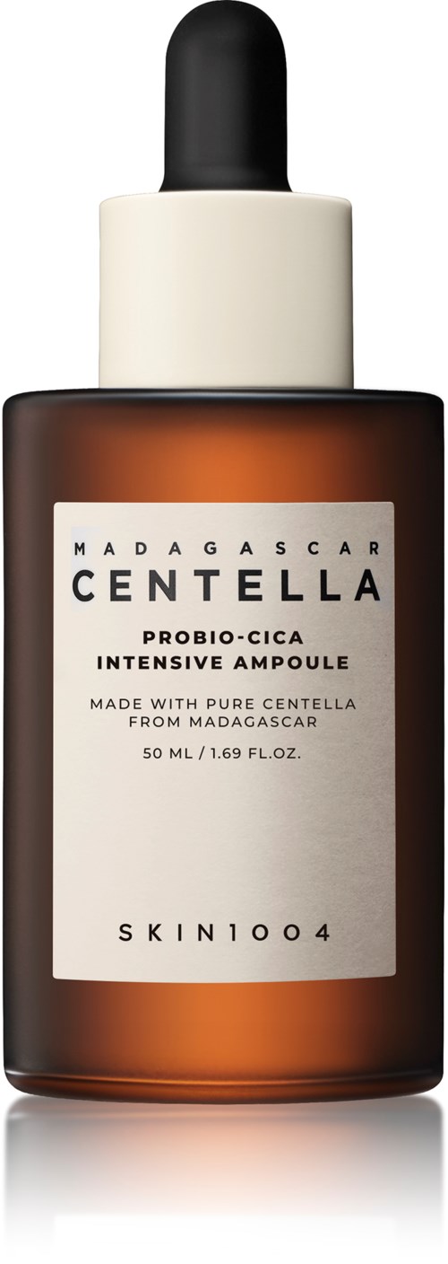 Dark brown bottle with white label and black dropper. Label says Centella product from Madagascar for skin care.
